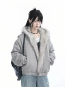 Winter American Retro Fur Collar Women Padded Hooded Cotton-Padded Jacket Plush Casual Street Gothic Harajuku Oversize Coat
