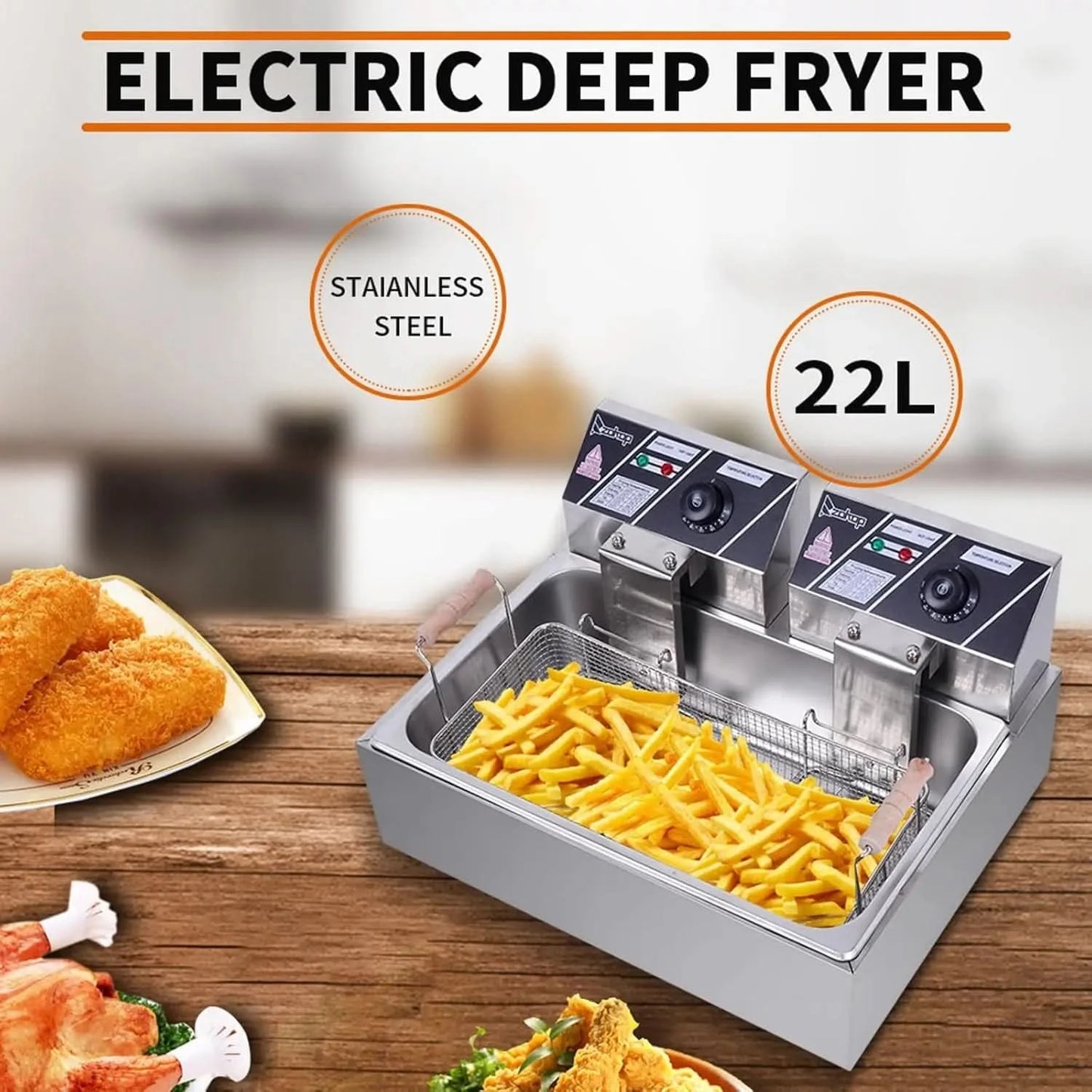 5000W Commercial Deep Fryer with Basket and Lid, 23.3QT/22L Electric Fryer, Countertop Oil Fryer for French Fries, Onion Rings, - M & M Global