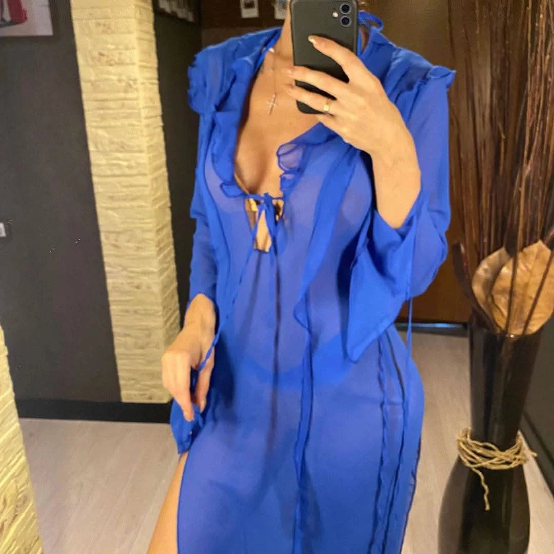 Deep V Neck High Split Long Dress Ruffles Beach Cover Up Bikini Cover-ups Beach Dress Beach Wear Beachwear Female Women V4440 - M & M Global