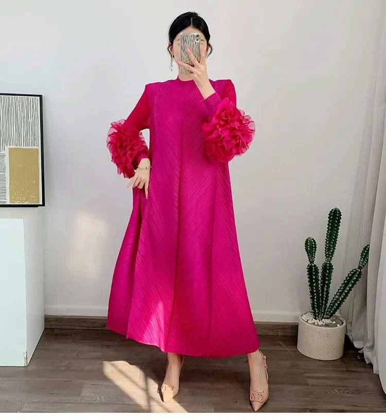 ANLAN Miyake Pleated Maxi Long Dress Mesh Petal Sleeve Half Turtleneck Formal Dresses for Women 2024 New Hot Sales 6KK9927 - M & M Global