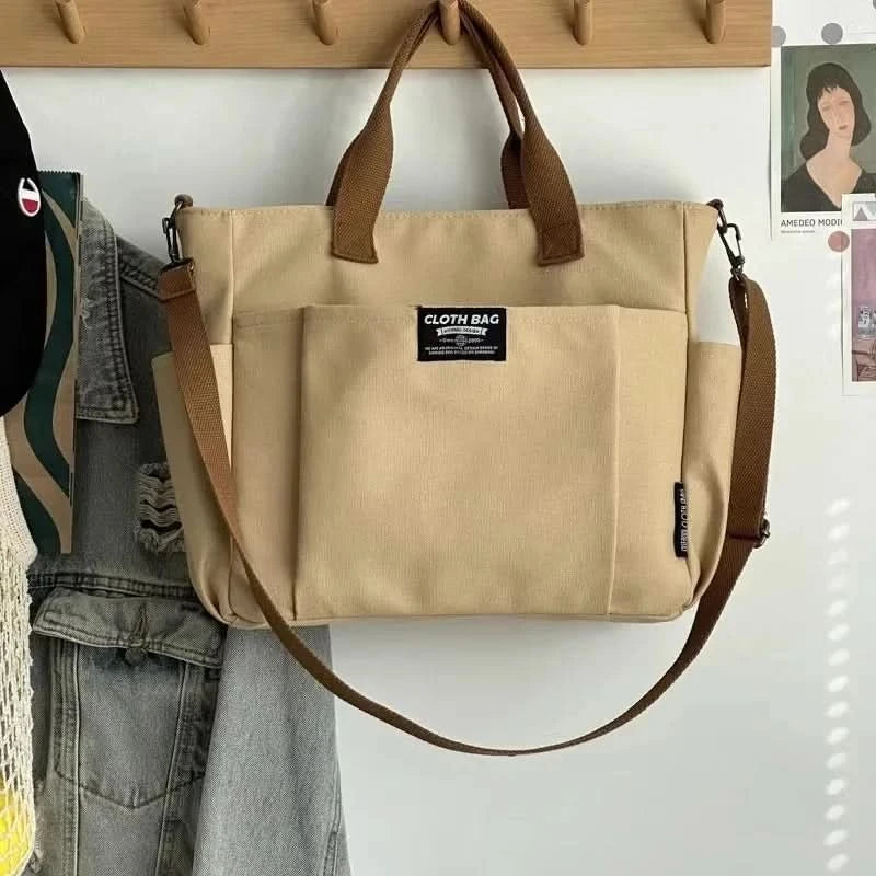 Urban Minimalist Female Student Large Capacity Commuting Horizontal Canvas Single Shoulder Diagonal Cross Portable Tote Bag - M & M Global
