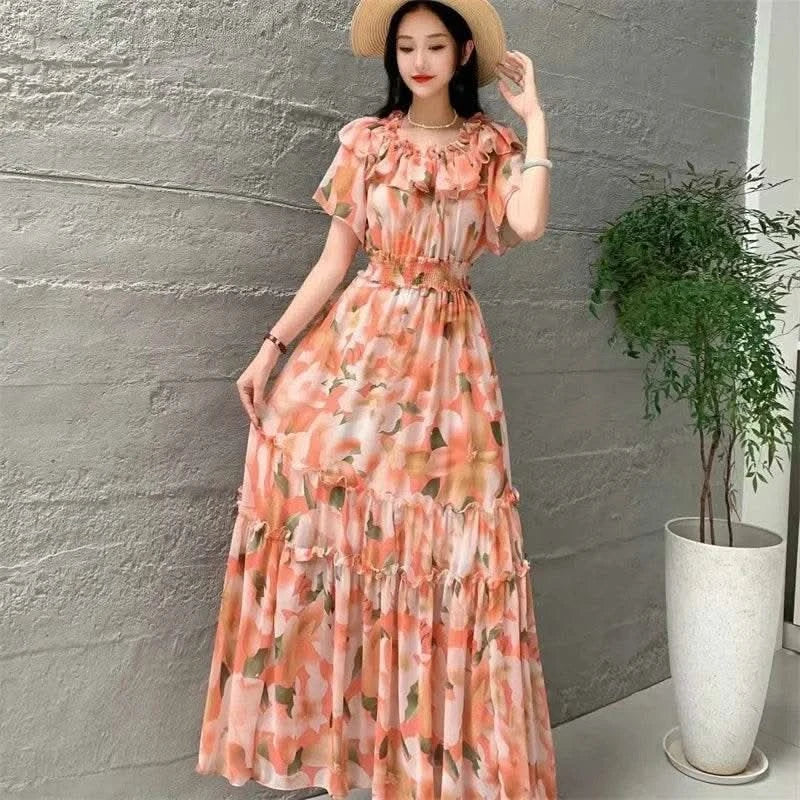 2024 New Summer Women Sexy Slash Neck Short Sleeve Slim Long Dress Fashion Patchwork Big Hem Sweet Ruffles Floral Dress - M & M Global