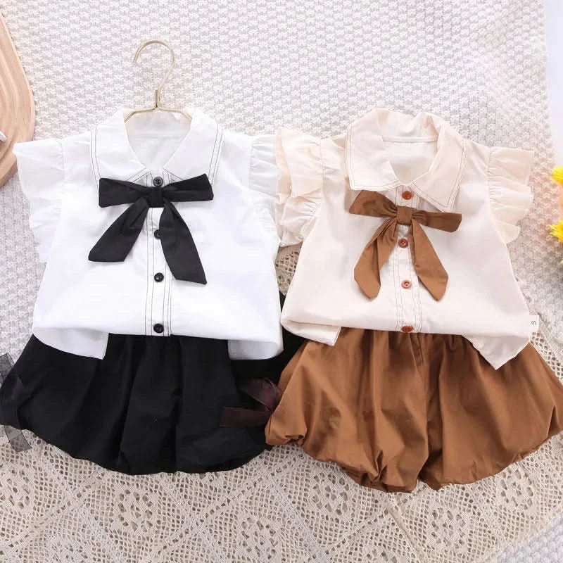 Girls Summer Casual Set Summer Vacation Bow Top + Shorts 2 Piece Set Children Clothes Girl - M & M Global