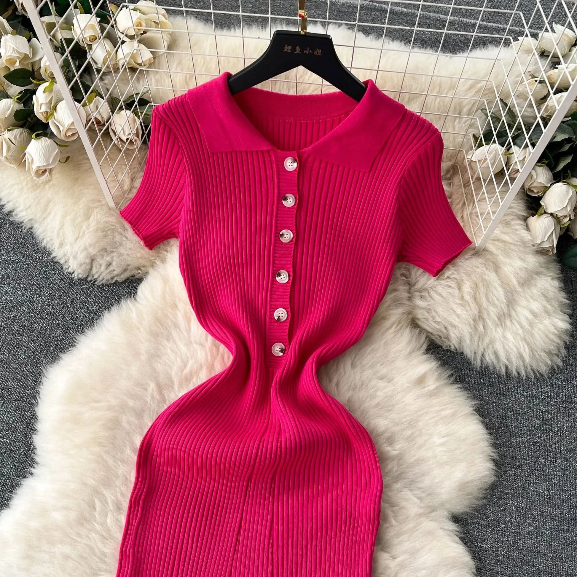 Summer Elastic Women Solid Knit Dress Summer Rose Red Retro Loose Sundress Sets 2024 bodycon Streetwear Sheer Beach Long Dress - M & M Global