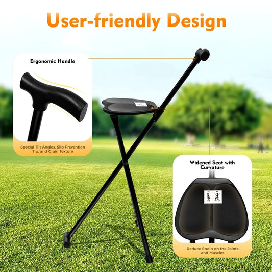 Portable Folding Cane with Seat Travel Cane Chair Walking Cane Walking Chair Walking Stick Walking Stool Load 249.12lbs Black