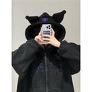 Thickened Loose Hooded Sweatshirt in Black with Embroidery Lambskin Imitation for Autumn And Winter Trendy Streetwear for Girls