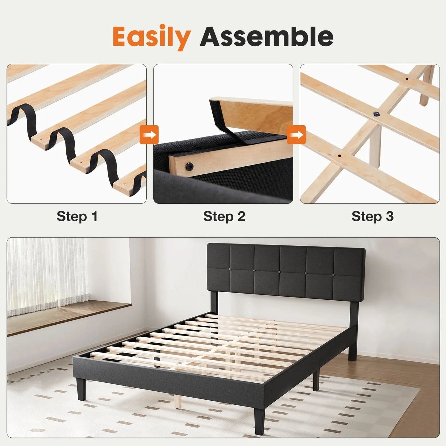 JHK Queen Bed Frame with Headboard No Box Spring Needed Linen Upholstered Wooden Platform Bed Frame with Wood Slats Support