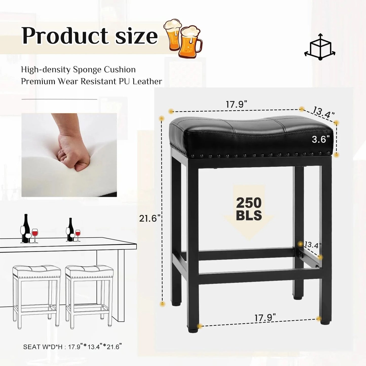 JHK Bar Stools Saddle-Style Pu Leather Upholstered Chair Counter Height Bar Stools with Metal Base Saddle Stools For Kitchen