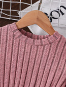Spring and Autumn Girls' Simple Casual Versatile Knitted Round-Neck Long-Sleeve Floral Dress, Everyday Casual Dress for Girls, Can Be Used as a Holiday Gift, Eid, Easter, Carnival, Spring Festival