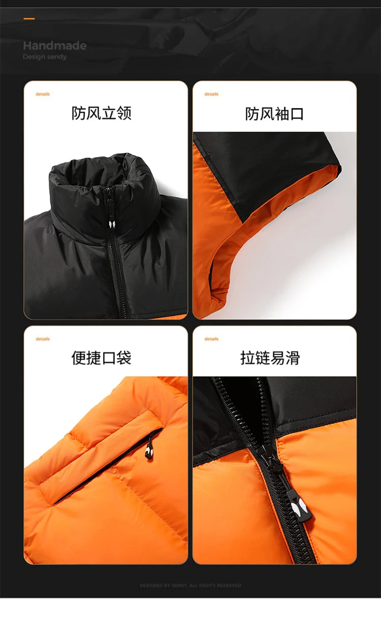 Men's Vest Jacket Autumn Winter Parkas Oversize Stand Collar Zipper Pockets Orange Windbreaker Waistcoat Plus Size Same