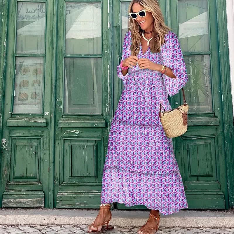 Summer Puff Sleeve Long Dress Women Geometric Print Half Sleeve Dress Boho V-Neck Loose Holiday Beach Dress Vestidos - M & M Global