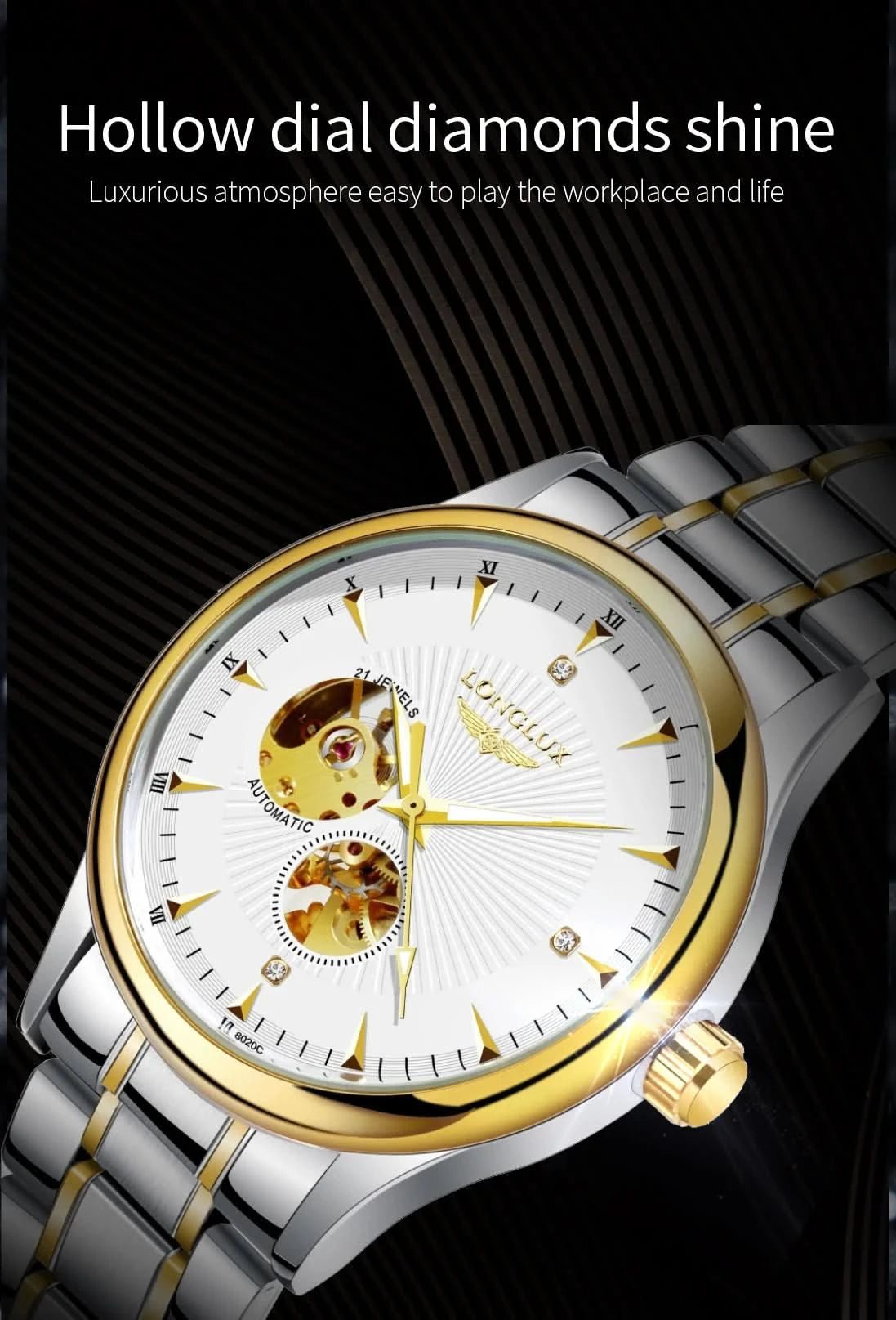 LONGLUX Men automatic mechanical watch elegant luxury watches waterproof skeleton business wholesale stainless steel gift watch - M & M Global