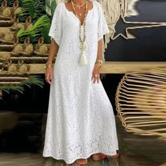 2025 Spring Lace Women Long Dress White V-neck A-line Elegant Dresses Female Summer New Fashion Casual Beach Cloths Ladies - M & M Global