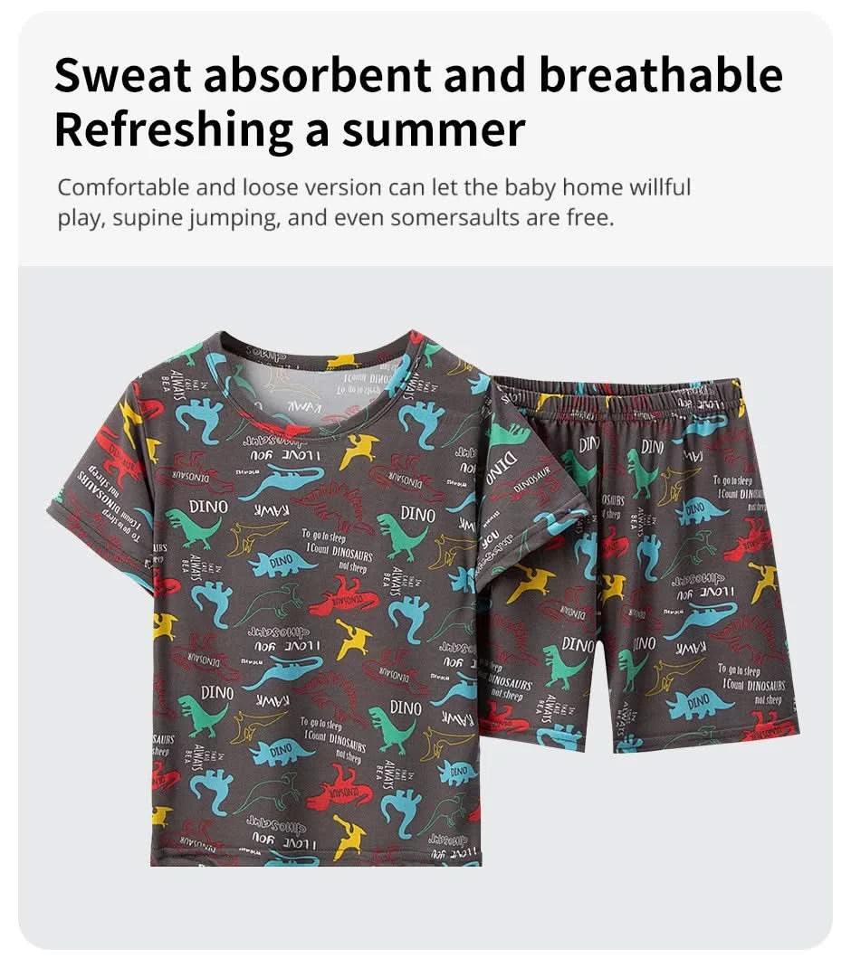 Summer CHILDREN'S Shorts and Short Sleeves 2-piece Cute Dinosaur Home Clothes Boys and Girls Casual Joker Suit. - M & M Global