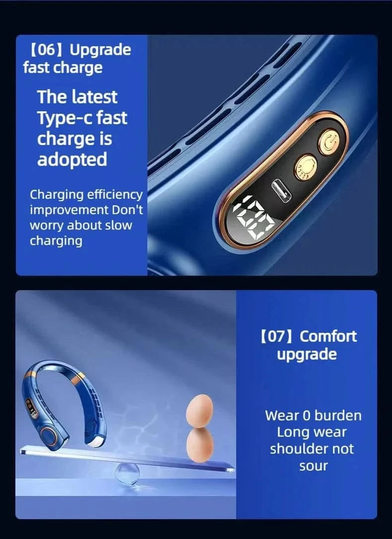 Blue electronic device with text highlighting fast charging and comfort features on a blue background