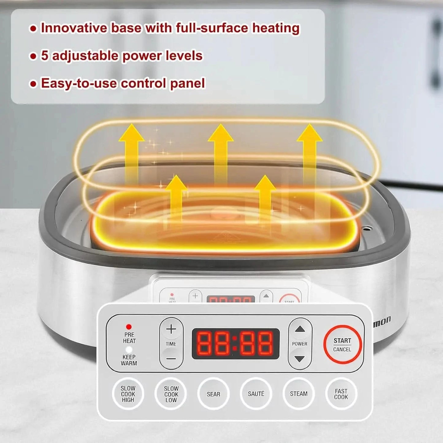 Electric Dutch Oven Multi-Cooker, 5.8QT Enameled Cast Iron Pot - 1250W Fast Heating, 6 Preset Functions, Digital Display & Keep - M & M Global