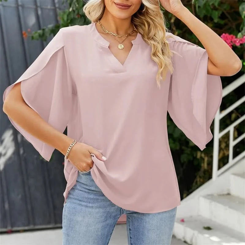 Women Summer Style Chiffon Blouses Shirts Lady Casual Short Flare Sleeve V-Neck Loose Blouse Tops - M & M Global
