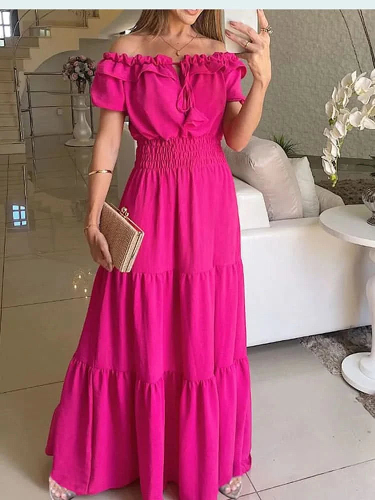 Summer Boho Red Dress Fashion Short Sleeve Beach Long Dress Casual Loose Elegant Holiday Party Dresses For Women Robe Femme 2023 - M & M Global