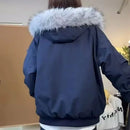 American New Winter Unisex Oversized Fur Trim Hooded Padded Coat Navy Blue Preppy Emblem Warm Casual Fashion Jacket