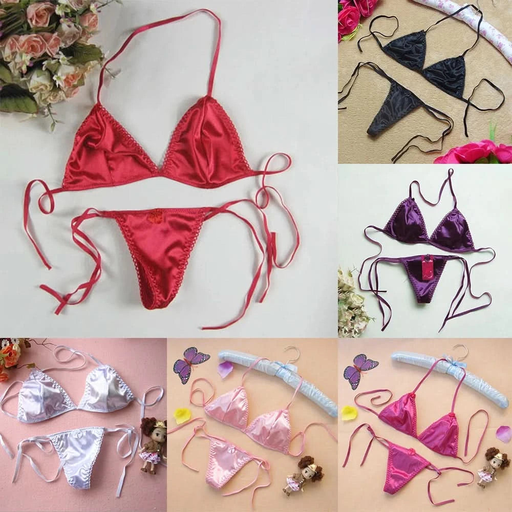 Sexy Lingerie Set Womens Satin Silk Thong Underwear Bra Panties T-back Lace Up Top Briefs Bikini Beach Swimming Bathing Suit - M & M Global