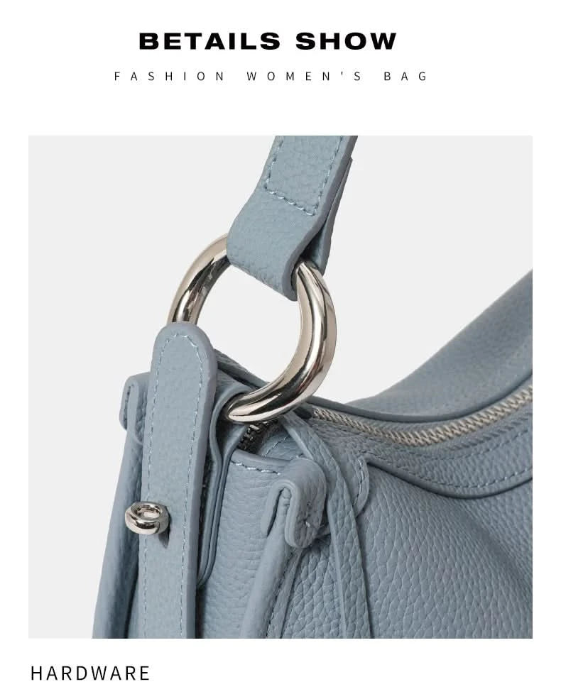 Top layer cowhide underarm shoulder bag 2025 new niche design minimalist blue fashionable soft leather saddle bag - M & M Global