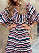 Summer Puff Sleeve Long Dress Women Geometric Print Half Sleeve Dress Boho V-Neck Loose Holiday Beach Dress Vestidos - M & M Global