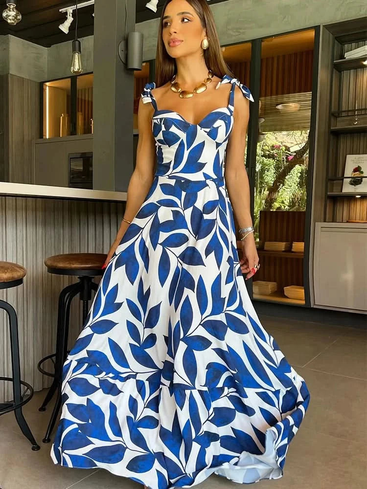 Summer Print Long Dress Women Clothing Lace Up Sling Party Dresses Pattern Strappy Ladies Hollow Out V-Neck Beach Vestidos - M & M Global