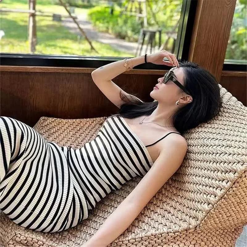 Striped Knitted Slim Dresses Women's Summer Skinny Sleeveless Bodycon Long Dress Casual Holiday Wrap Hip Sundress - M & M Global