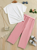 A set of two fashionable and simple cartoon print cool round-neck knitted tops and summer thin wide-leg pants for girls