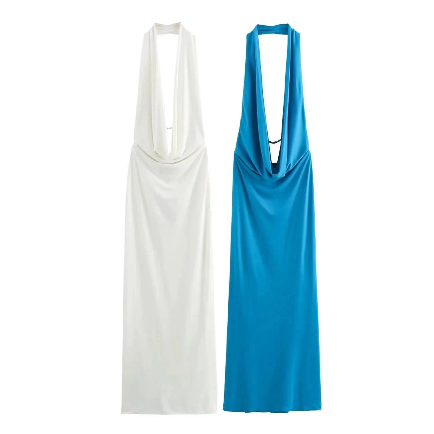 TRAFZA 2024 Woman Halter Off Shoulder Backless Long Dress Female Folded Decoration Hanging Neck V-neck Open Back Evening Dress - M & M Global