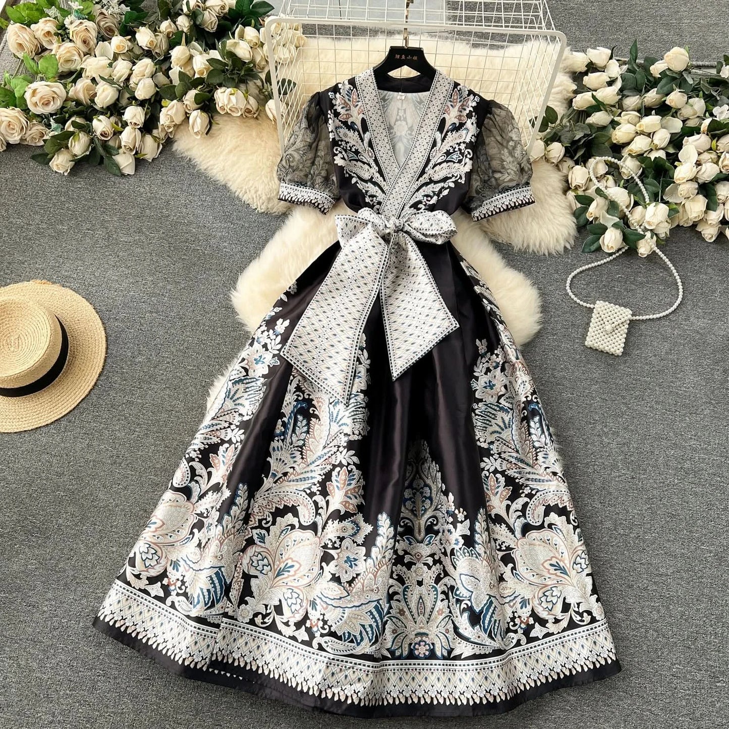 Summer Bohemian Paisley Print Long Dress Women V-Neck Short Puff Sleeve Vintage Print Bandage Lace Up Robe Vestidos Clothes 6237 - M & M Global