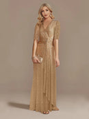 Luxury Floor Length V-Neck Evening Dress 2025 Women Elegant Party Maxi Dress Sequin Short Sleeves Prom Cocktail Gowns