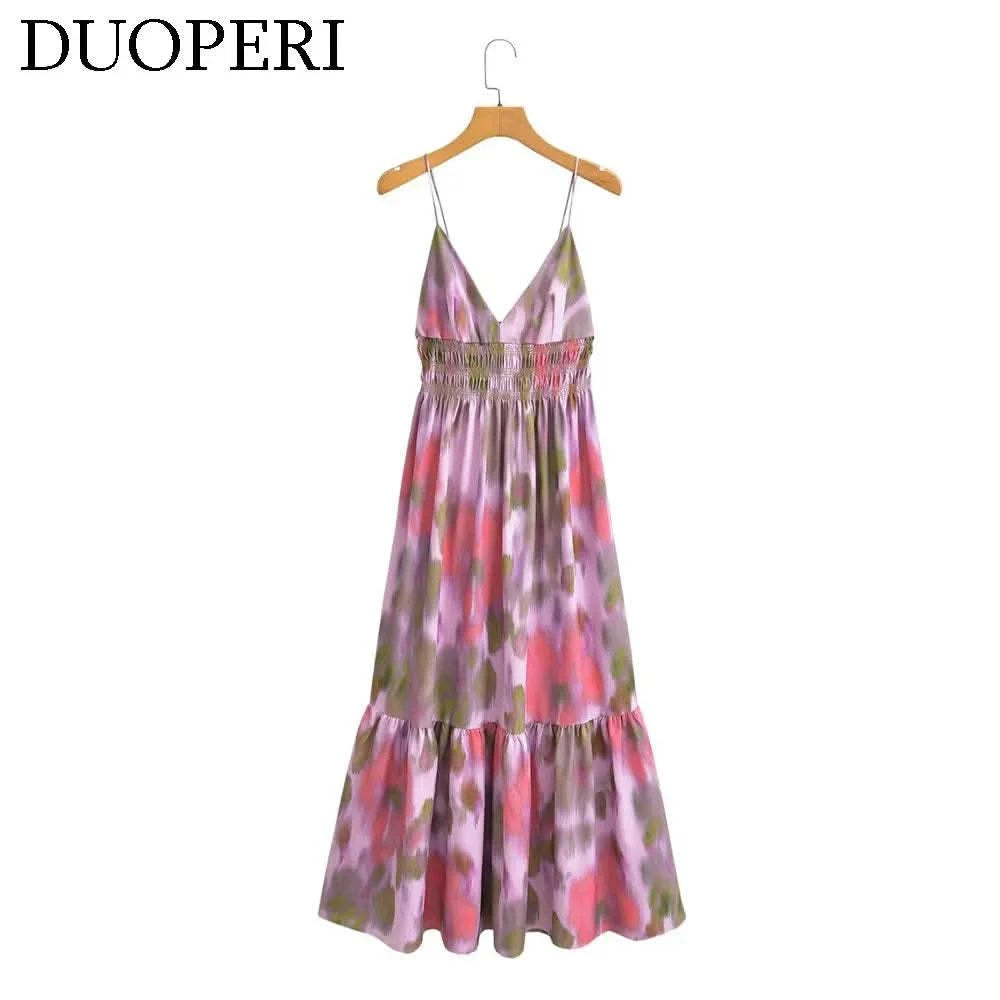 DUOPERI Women Fashion Printed V-Neck Backless Midi Camisole Dress Female Chic Lady Casual Long Dress - M & M Global