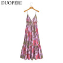 DUOPERI Women Fashion Printed V-Neck Backless Midi Camisole Dress Female Chic Lady Casual Long Dress - M & M Global