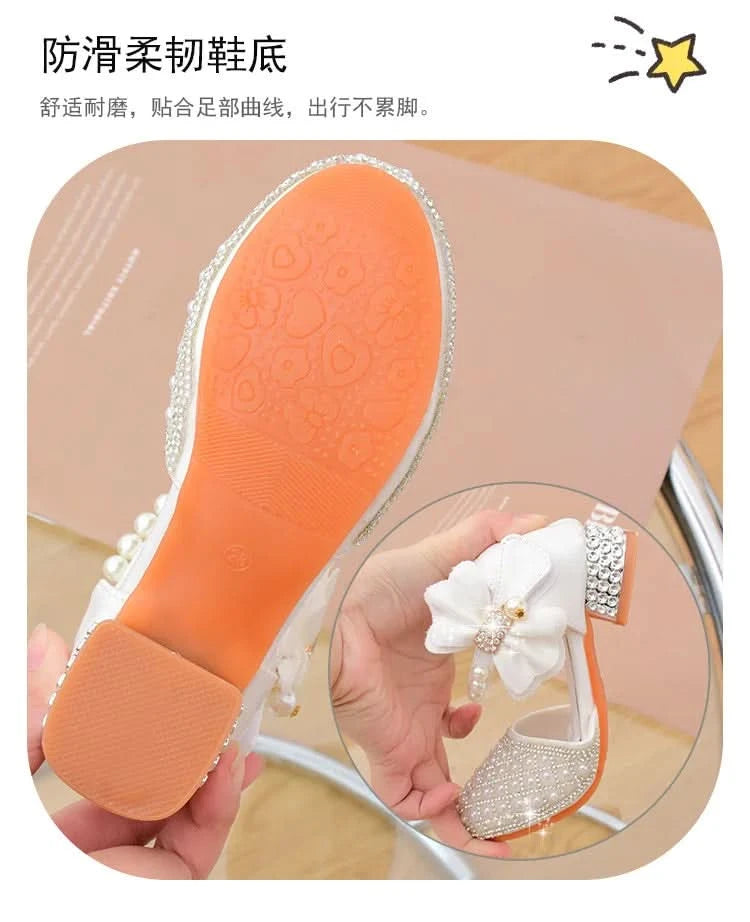 Rhinestones Princess Party Shoes Shiny Crystal Bow White Children High Heels Girls Sandals Summer Kids Student Performance Shoes - M & M Global