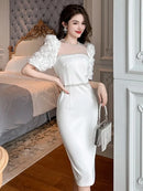 Fashion Elegant Formal Dresses Sweet Celebrity Beaded White Long Dress Sheer Mesh Flowers Split Robe Femme Prom Party Vestidos - M & M Global