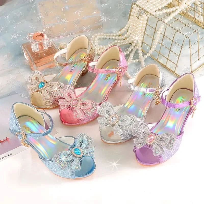 Summer Girls Sandals With Heel Fashion Rhinestone Shiny Glitter Shoes Children Princess Bowtie Pearl Dancing Shoes H876 - M & M Global
