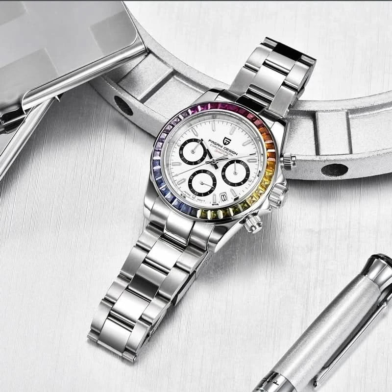 2023 PAGANI DESIGN New Rainbow Bezel Sport Watch Men Quartz Stainless Steel 100MWaterproof Mens Watch VK63 Sapphire Chronograph - M & M Global