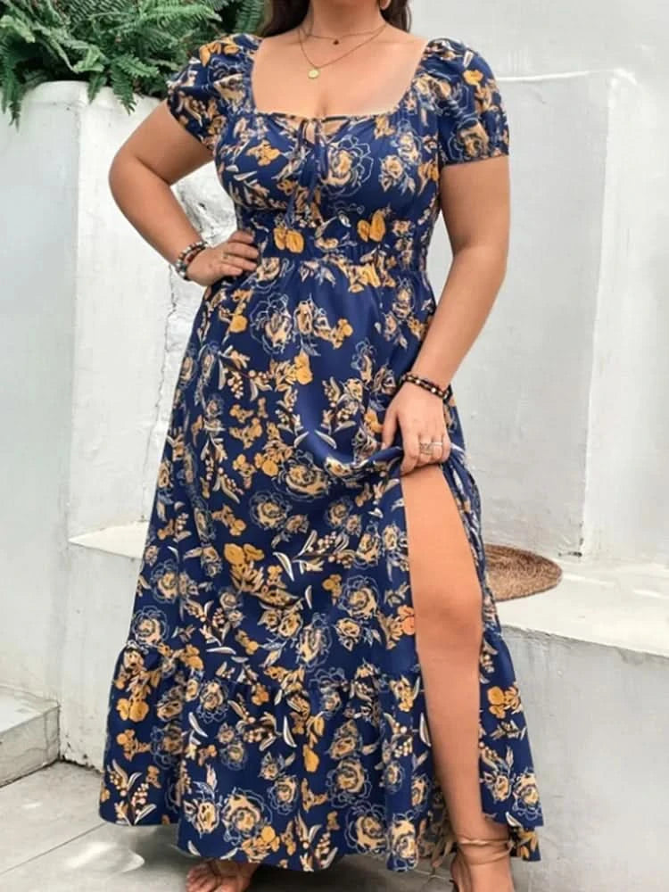 Plus Size Women 1XL-5XL  Suitable for Outdoor Flower Casual Long Party Dress Women Fashion Print Loose Summer Dress - M & M Global