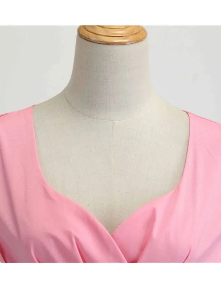Pink Summer Dress Women V Neck Vintage Robe Elegant Retro pin up Party Office Midi Dresses - M & M Global