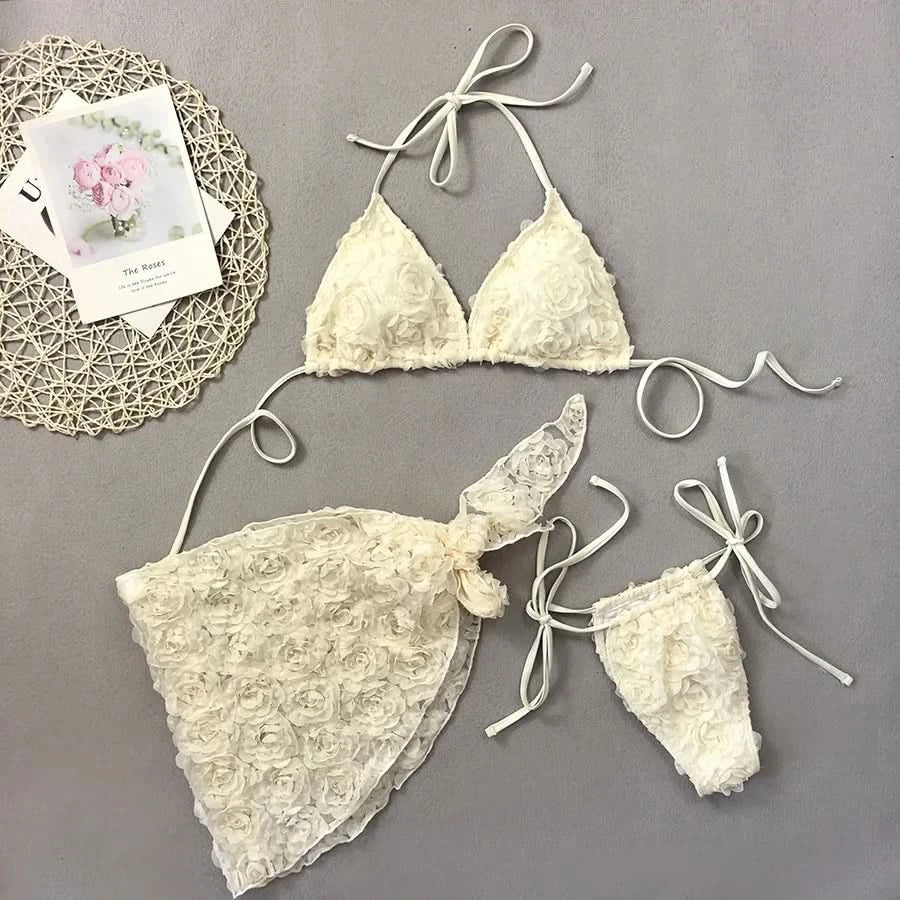 Women's Sexy 3 Piece Bikini Set 3D Flower Beach Skirt Swimsuit Pure Pink Triangle Halter Backless Thong Swimwear 2025 Summer New - M & M Global