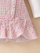 3-Piece Set: Girls' Casual Long-Sleeve Ruffled Knit T-Shirt Top + Elastic Waist Button-Decorated Skirt + Girls' Hat, Autumn and Winter Style. Girls' Fashionable Knit Pullover with Tweed-Style Short Skirt, Elegant and Ladylike