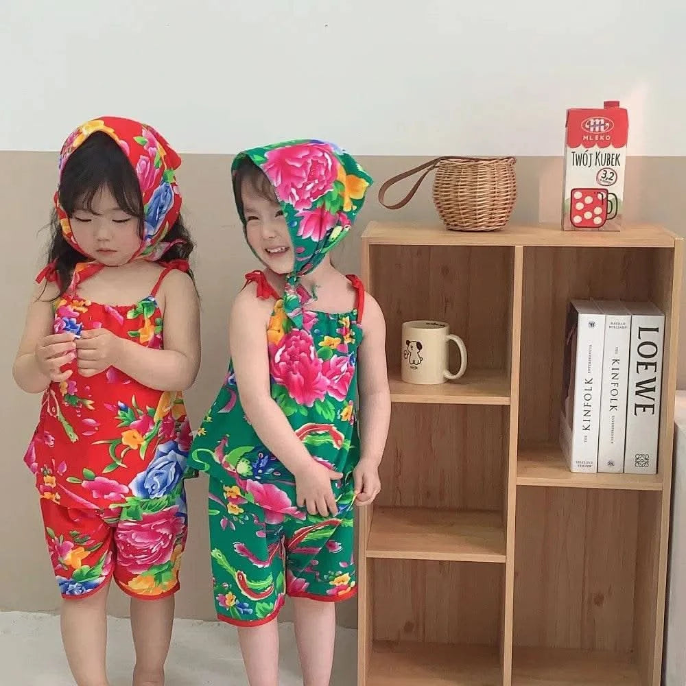 Bear Leader Summer Fashion New Baby Girl Clothes Flower Print Suspender Top+Shorts 2-piece Set Ethnic Style Children's Clothing - M & M Global