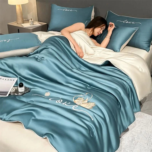 Simple Solid Color Embroidery Washed Ice Silk Single Summer Quilt - M & M Global