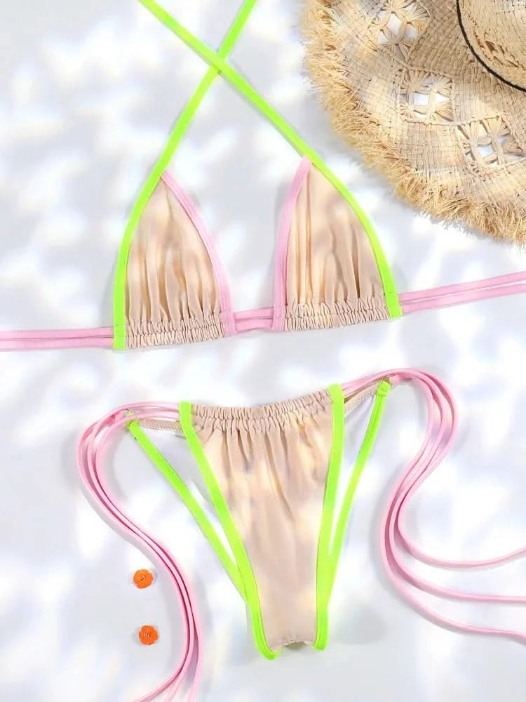 ZRTAK Sexy Swimwear Women Bikini String Swimming Suit For Women Bathing Suit Micro Folds Hight Cut Lace Halter Bikinis Set - M & M Global