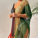 Knitted Contrast Tassel Bikini Summer Beach Cover Up Sexy Hollow Out Women V Neck Loose Beachwear Sunscreen Smock - M & M Global