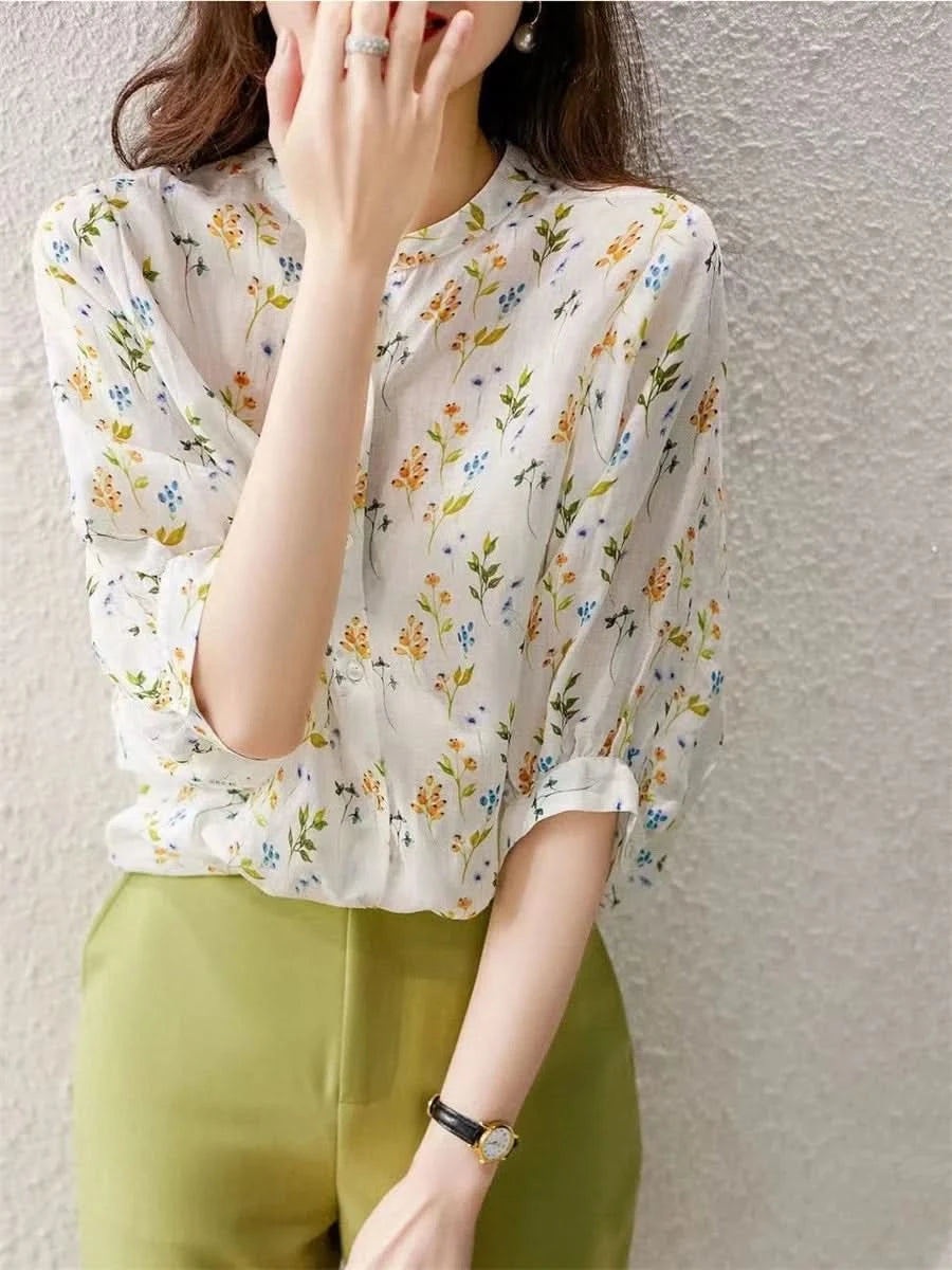 Women Summer Style Blouses Tops Lady Casual Short Puff Sleeve Stand Collar Flower Printed Blusas Tops SP1496 - M & M Global