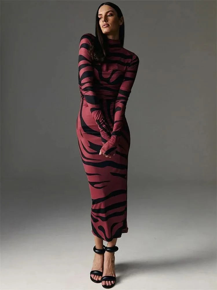 Print Leopard Print Slim Long Dress Women's Fashion Long Sleeve Sexy Party Dress Summer Street Leopard Print Long Dress 2024 New - M & M Global