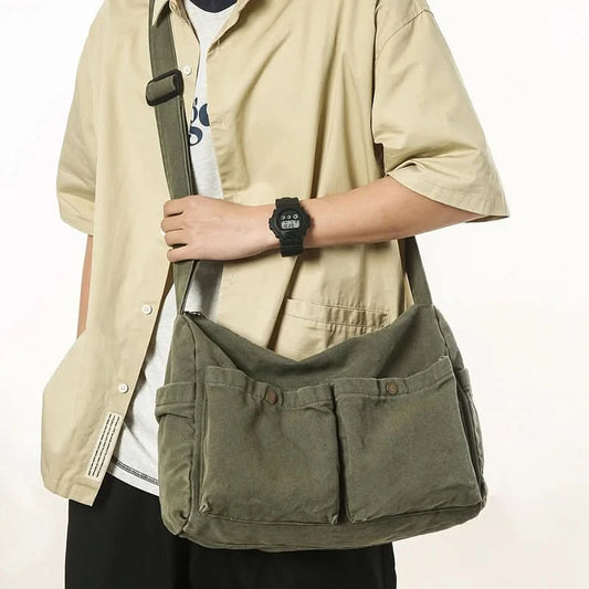 Vintage Style Canvas Messenger Bag Casual Travel Crossbody Bag Retro Large Capacity Shoulder Bag Multi Pocket Shoulder Bag - M & M Global