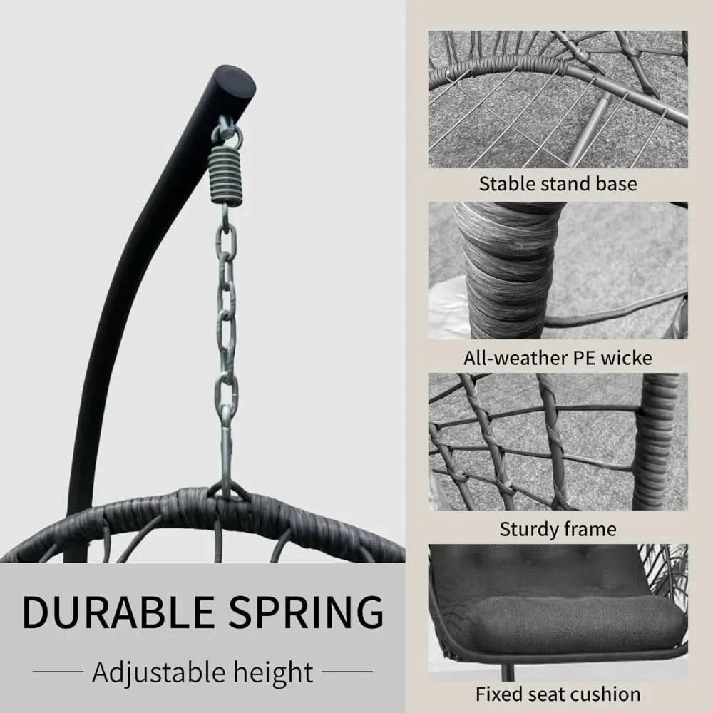 Hanging Egg Chair with Stand Indoor Outdoor, Foldable Rattan Wicker Hammock Egg Swing Chair for Bedroom Porch Patio Garden